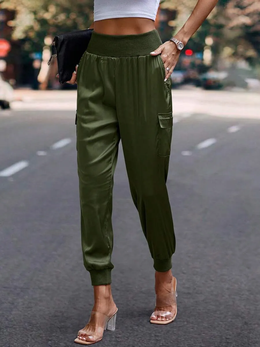 Solid Flap Pocket Side Pocket Cargo Pants