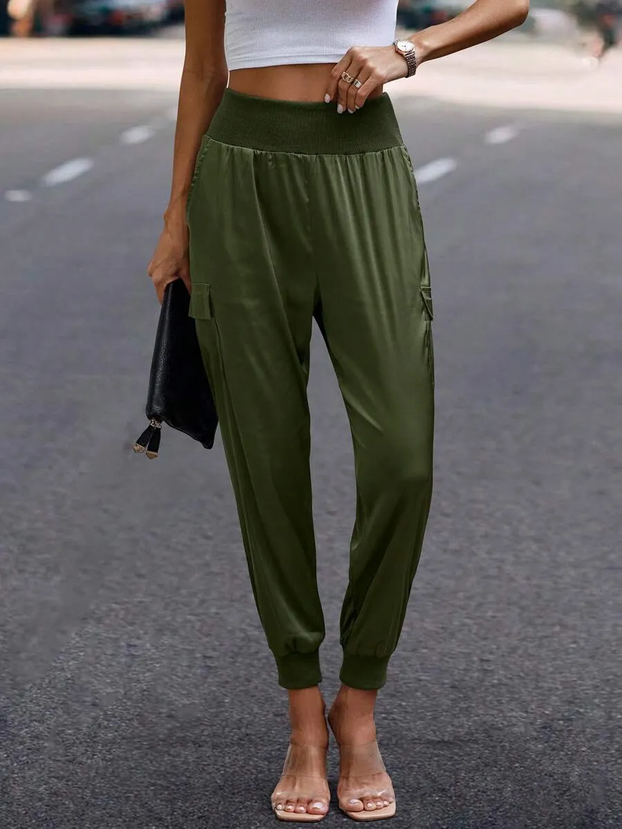 Solid Flap Pocket Side Pocket Cargo Pants