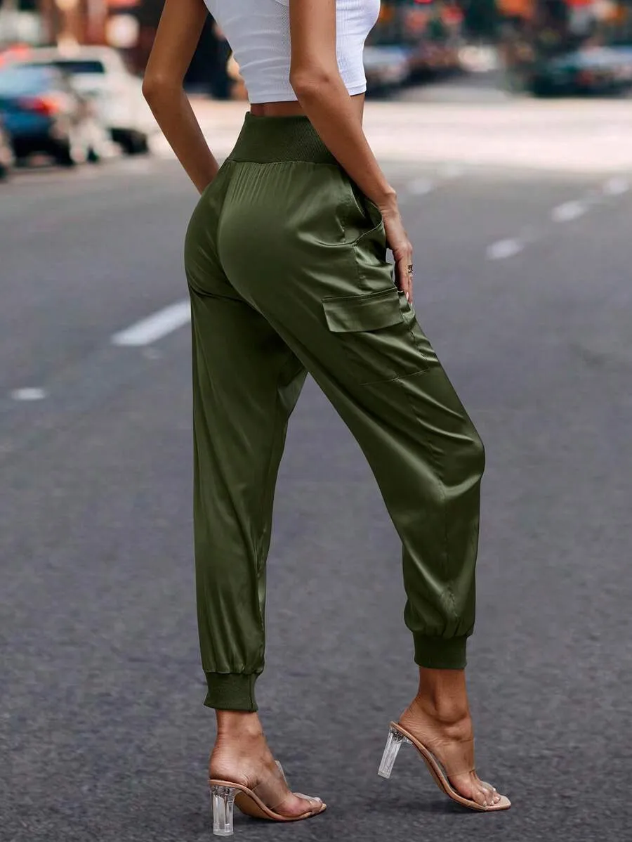 Solid Flap Pocket Side Pocket Cargo Pants