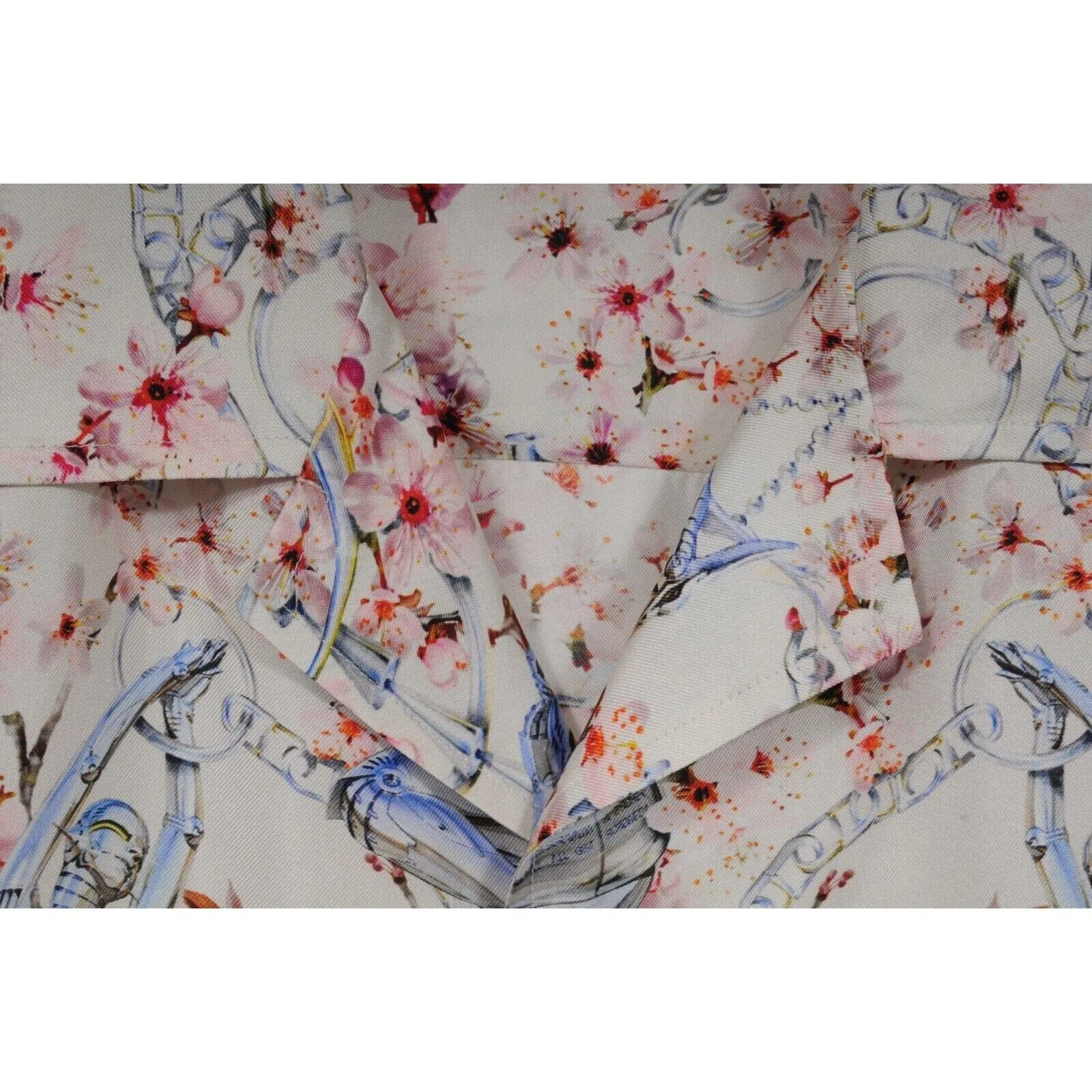 Sorayama Robot Floral Button Down Pajama Shirt White Pink Silk