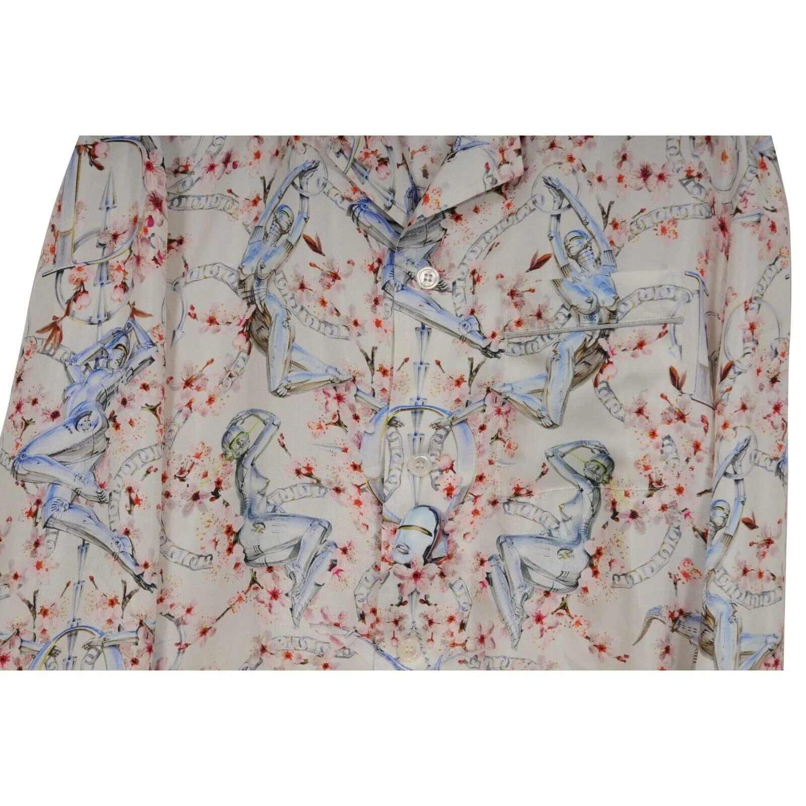 Sorayama Robot Floral Button Down Pajama Shirt White Pink Silk