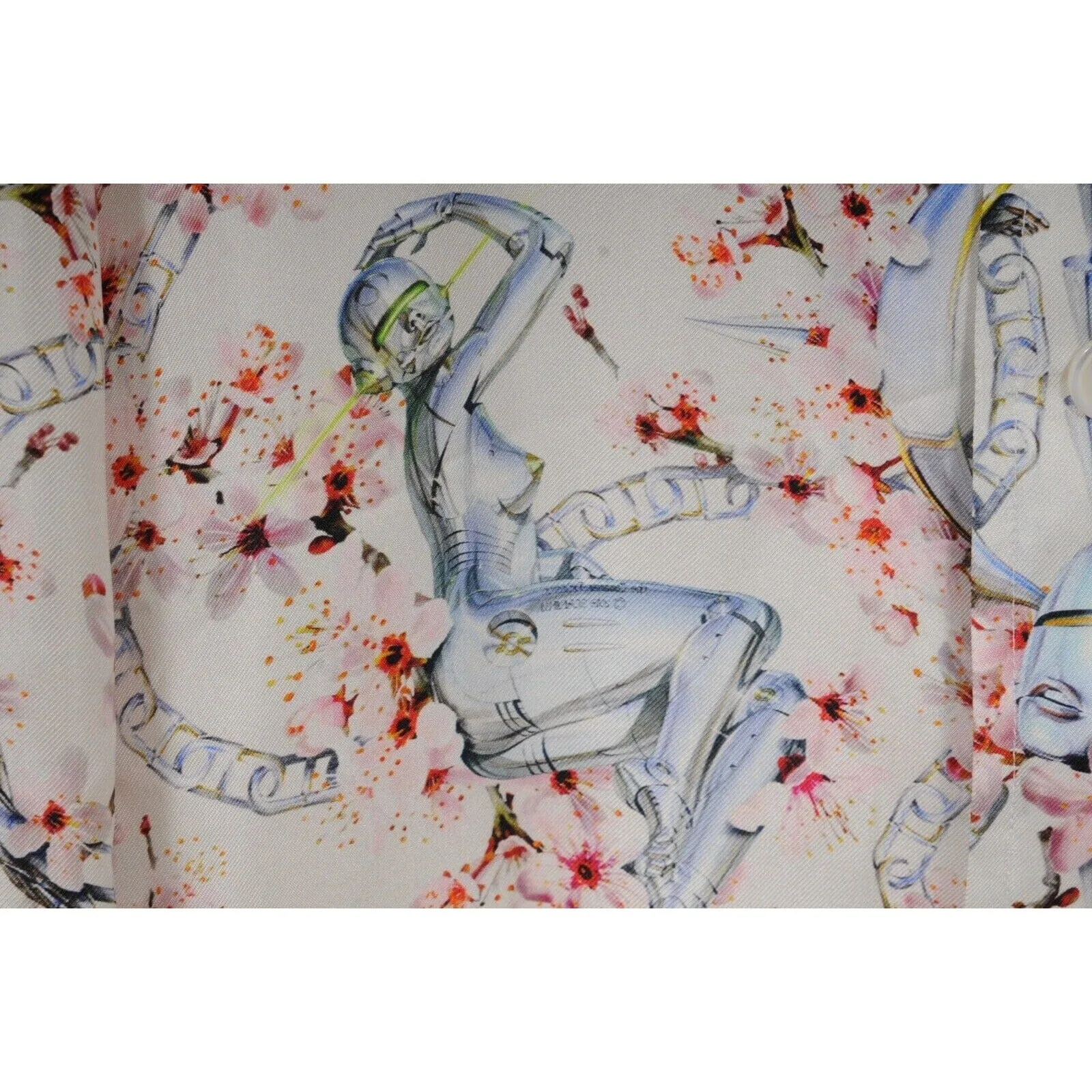 Sorayama Robot Floral Button Down Pajama Shirt White Pink Silk