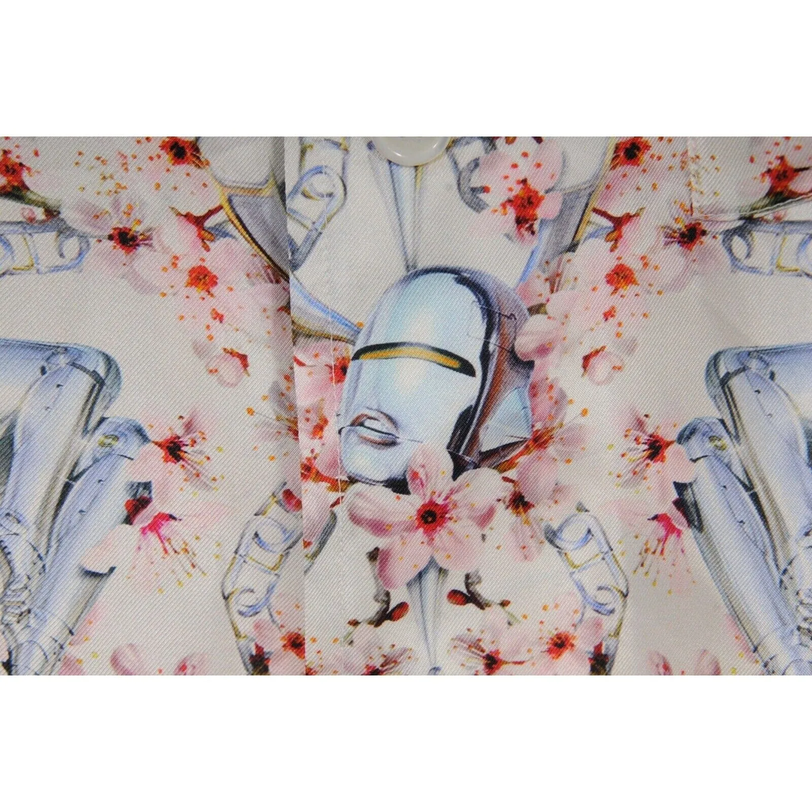 Sorayama Robot Floral Button Down Pajama Shirt White Pink Silk