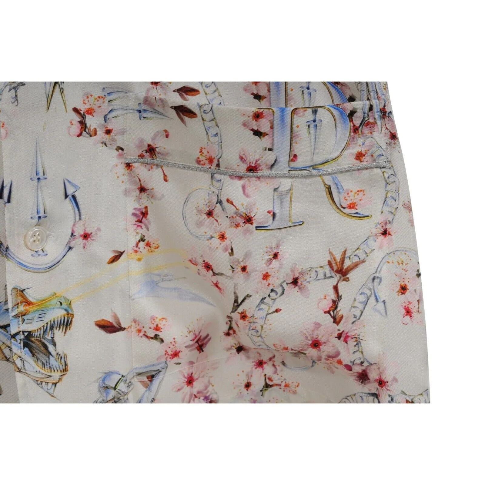 Sorayama Robot Floral Button Down Pajama Shirt White Pink Silk
