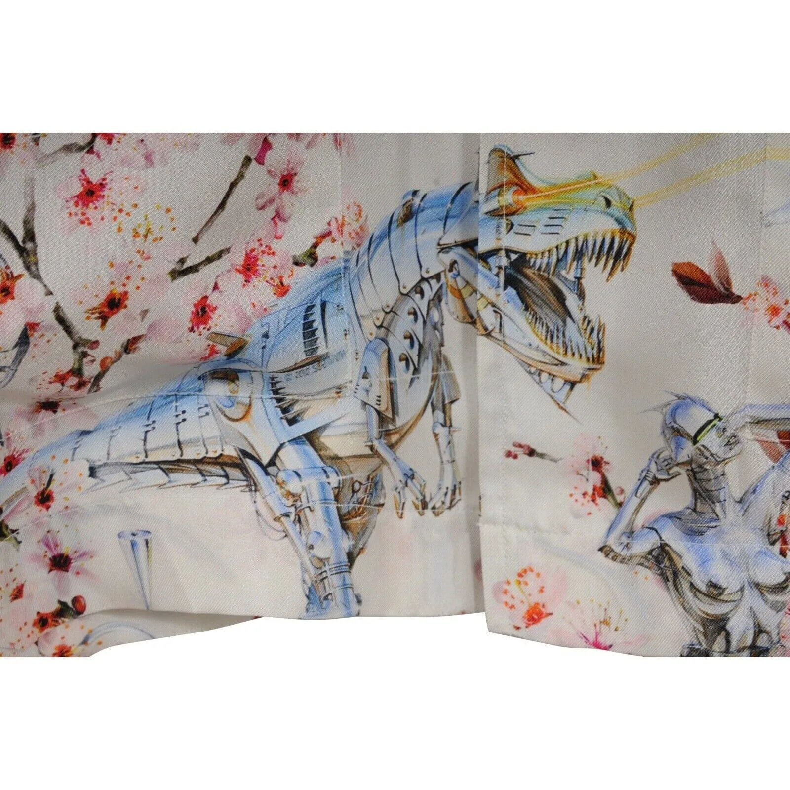 Sorayama Robot Floral Button Down Pajama Shirt White Pink Silk