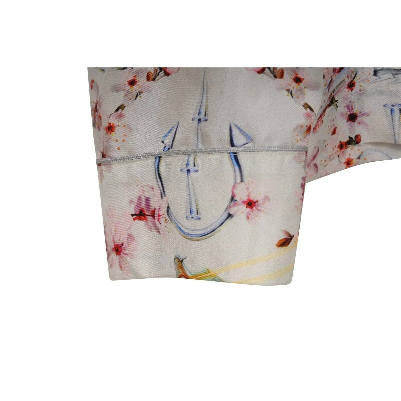 Sorayama Robot Floral Button Down Pajama Shirt White Pink Silk