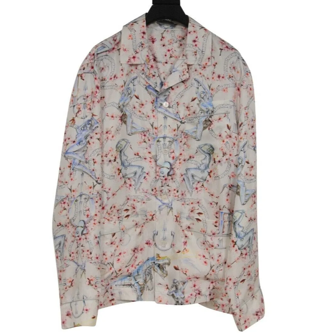 Sorayama Robot Floral Button Down Pajama Shirt White Pink Silk