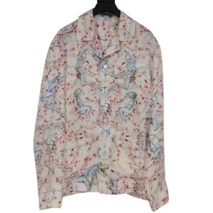 Sorayama Robot Floral Button Down Pajama Shirt White Pink Silk