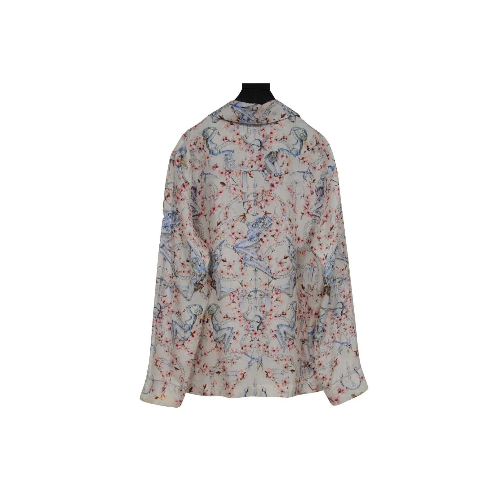 Sorayama Robot Floral Button Down Pajama Shirt White Pink Silk