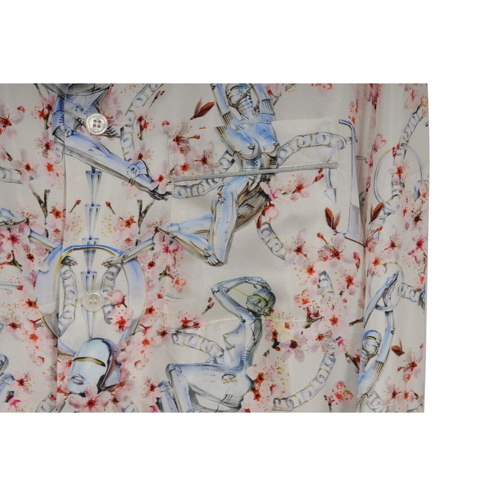 Sorayama Robot Floral Button Down Pajama Shirt White Pink Silk