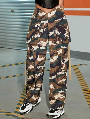 Street V Waist Camo Print Flap Pocket Side Cargo Pants
