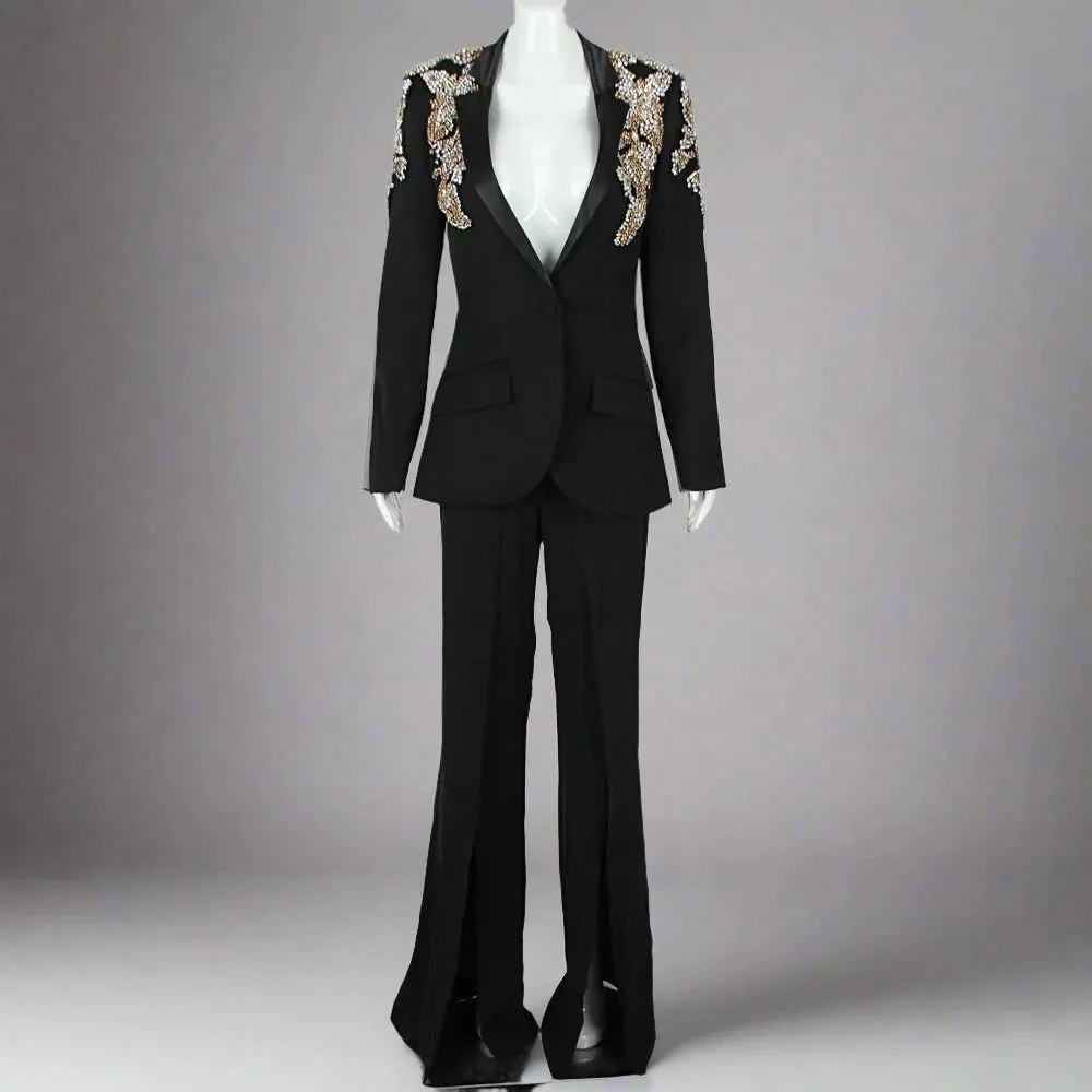 Trend4us Women's Luxury Suit Crystal Embellished Pants Set