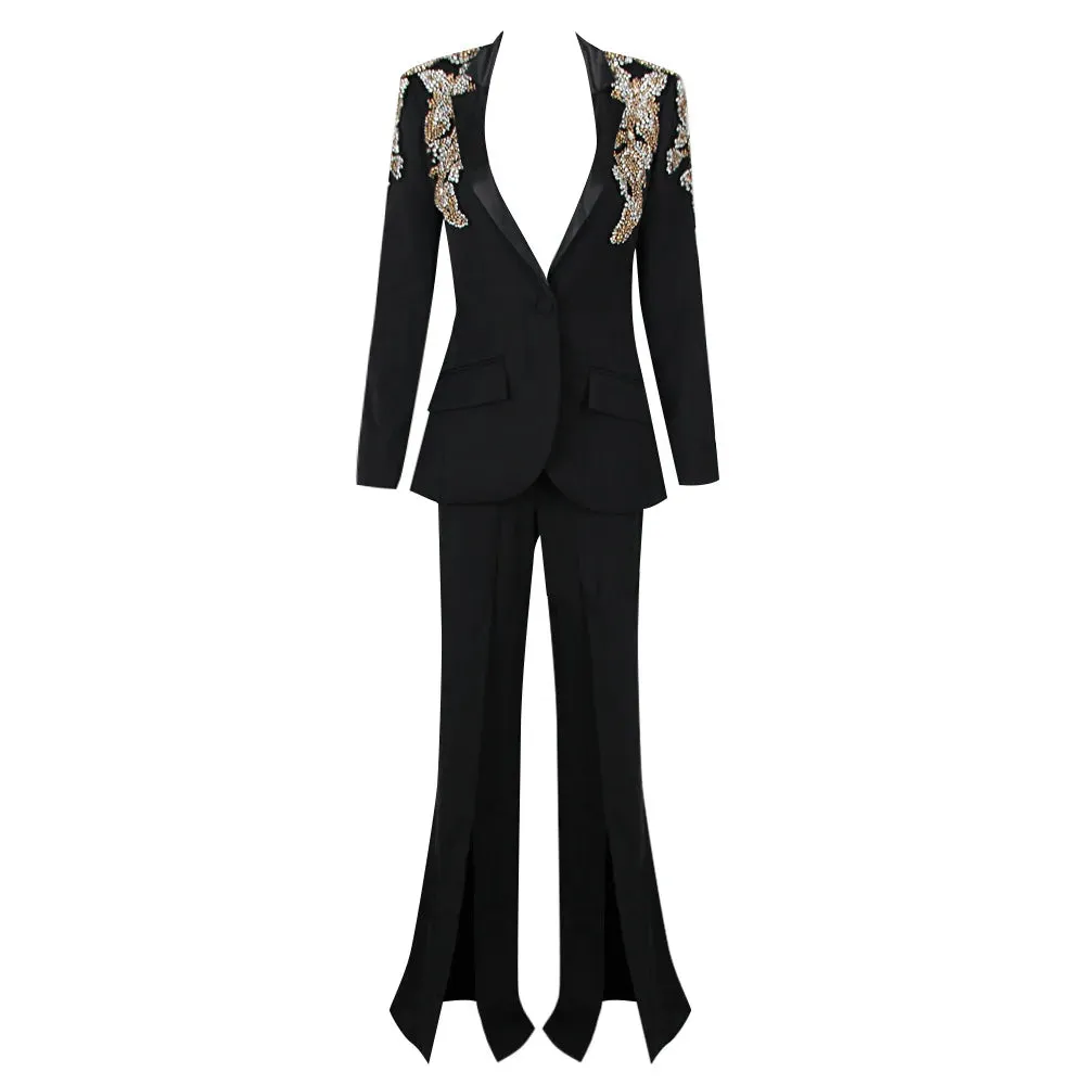 Trend4us Women's Luxury Suit Crystal Embellished Pants Set