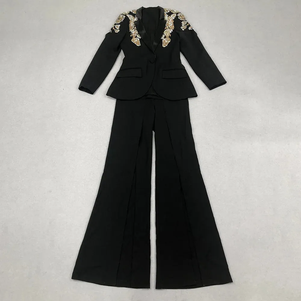 Trend4us Women's Luxury Suit Crystal Embellished Pants Set