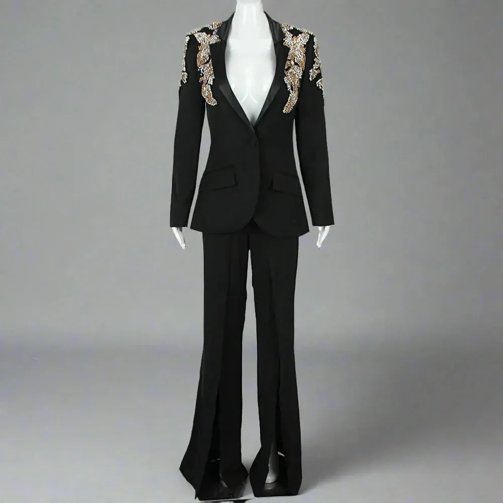 Trend4us Women's Luxury Suit Crystal Embellished Pants Set