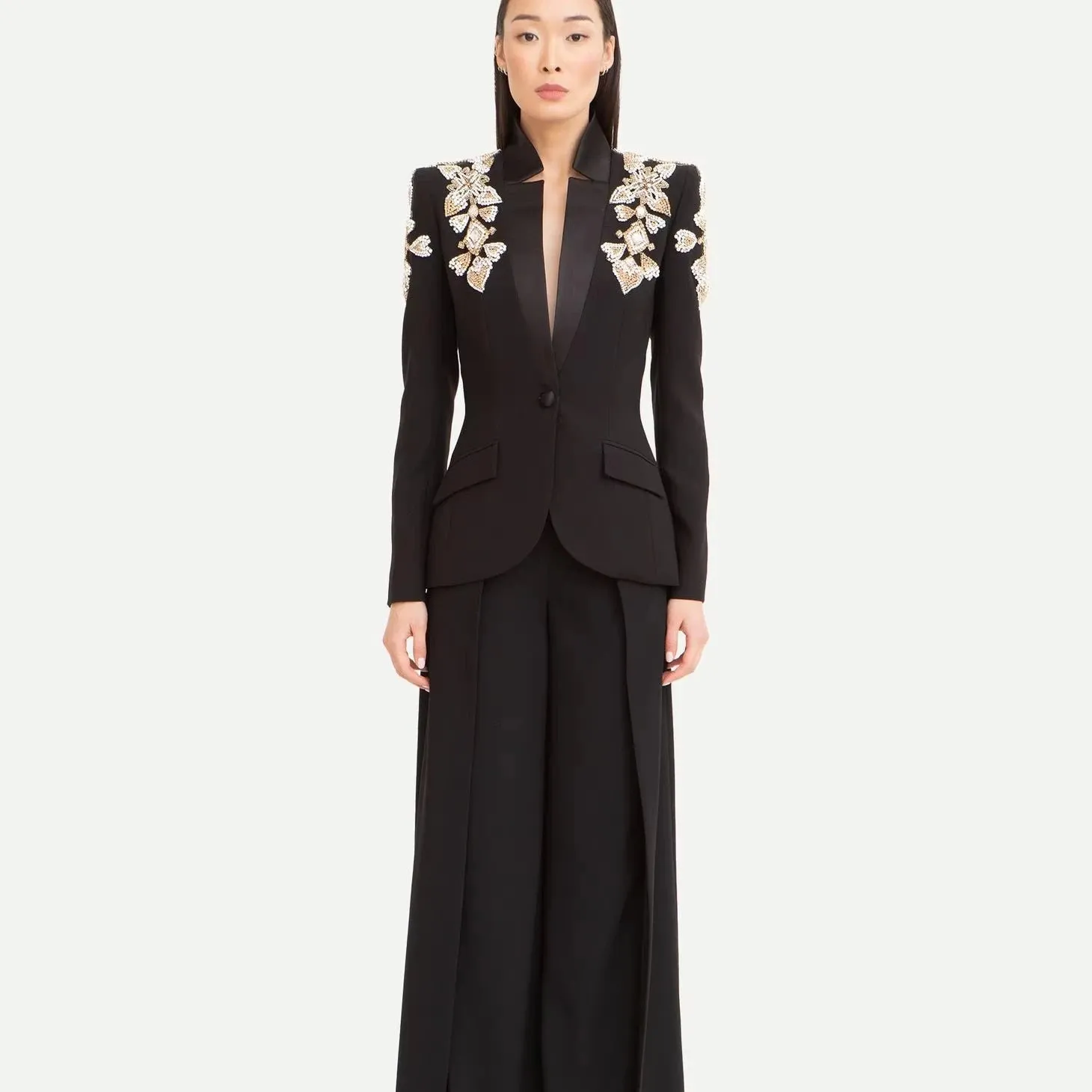 Trend4us Women's Luxury Suit Crystal Embellished Pants Set