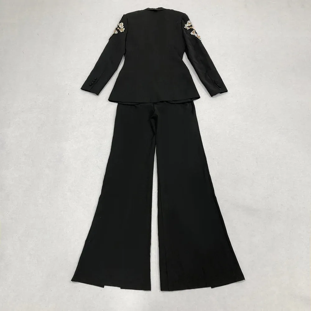 Trend4us Women's Luxury Suit Crystal Embellished Pants Set
