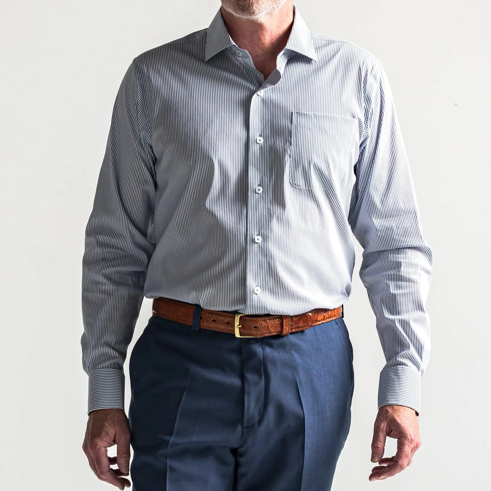 True Navy/White Stripe Tailored Fit Spread Collar Shirt