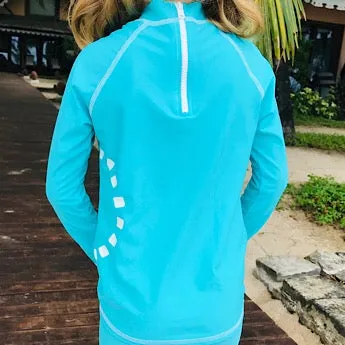Turquoise/ white long-sleeved rash top (zipped)