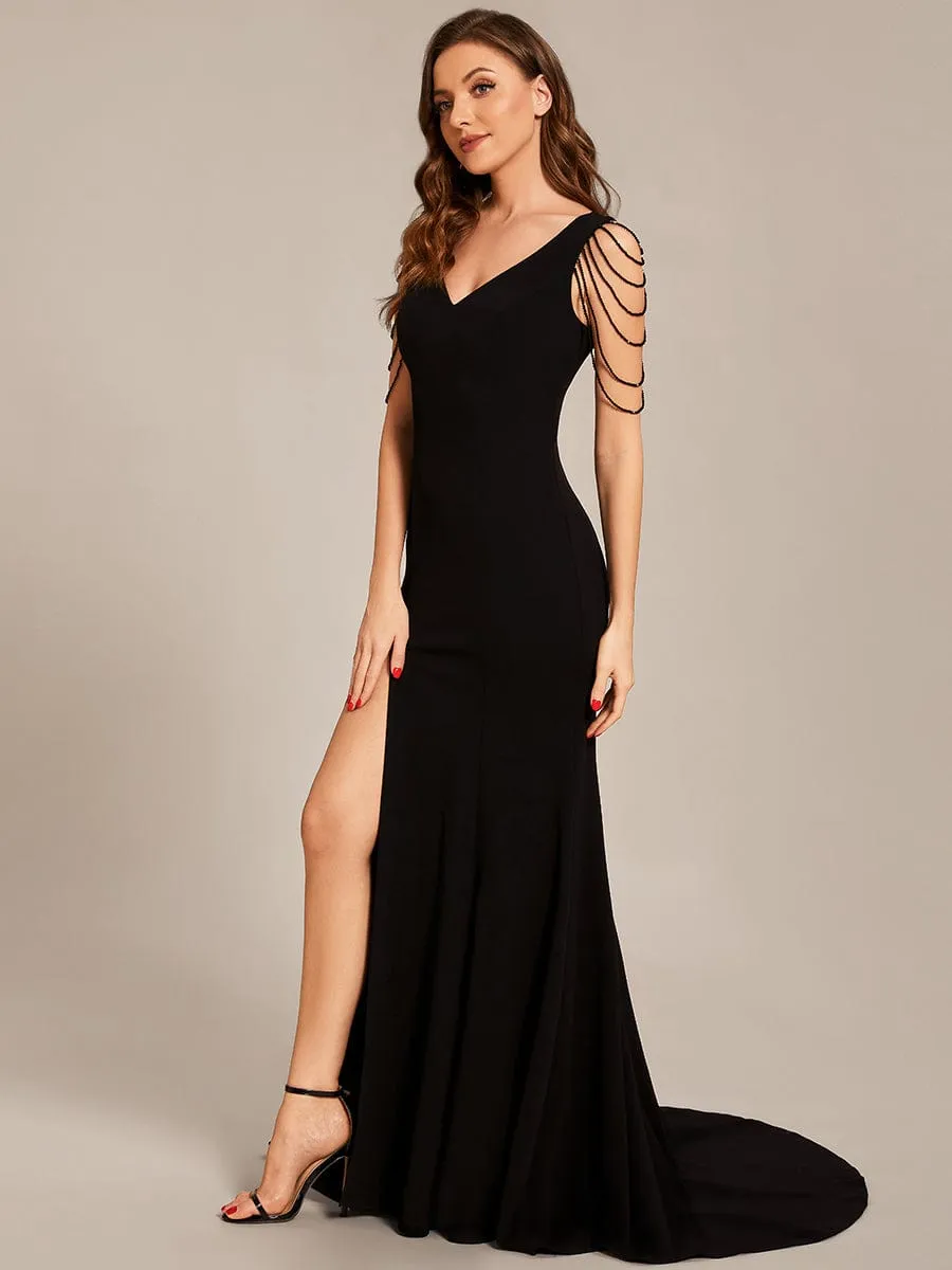 V Neck Stretch Crepe High Front Slit Bodycon Prom Dress