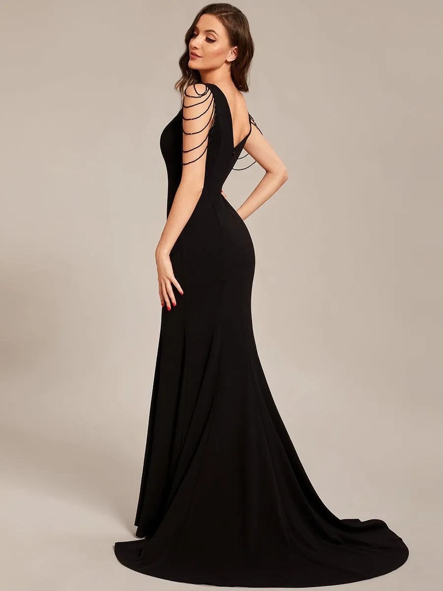 V Neck Stretch Crepe High Front Slit Bodycon Prom Dress
