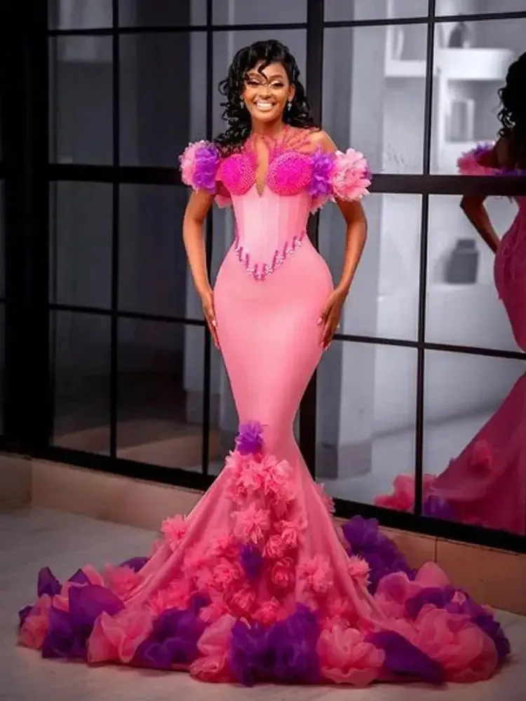 Vevesc Aso Ebi Stylished Colorful Floral Mermaid Evening Dresses Pink &Purple Bloom Beaded Long African Evening Gowns