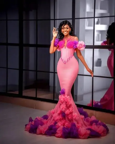 Vevesc Aso Ebi Stylished Colorful Floral Mermaid Evening Dresses Pink &Purple Bloom Beaded Long African Evening Gowns