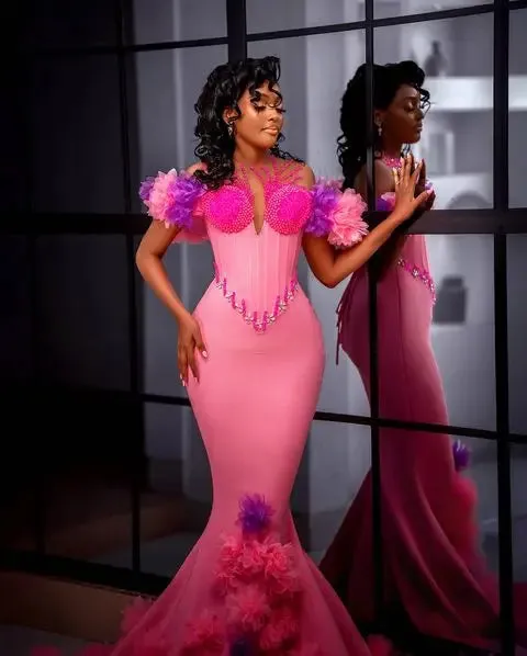Vevesc Aso Ebi Stylished Colorful Floral Mermaid Evening Dresses Pink &Purple Bloom Beaded Long African Evening Gowns