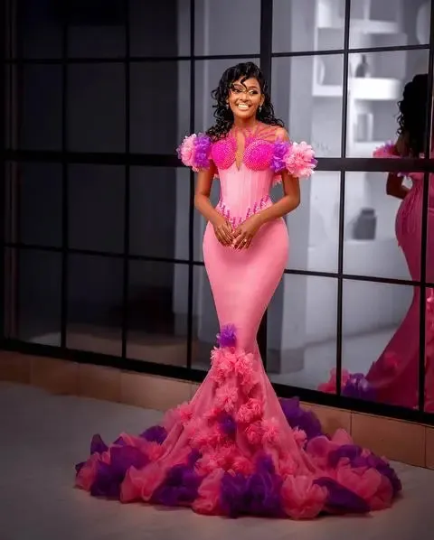 Vevesc Aso Ebi Stylished Colorful Floral Mermaid Evening Dresses Pink &Purple Bloom Beaded Long African Evening Gowns