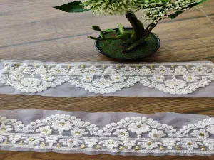 White Designer Lakhnawi Thread and Sequins Work Dyeable Organza Embroidered Border