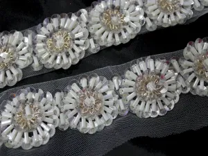 White Floral Cutdana Beads and Sequins Work Embroidered Border