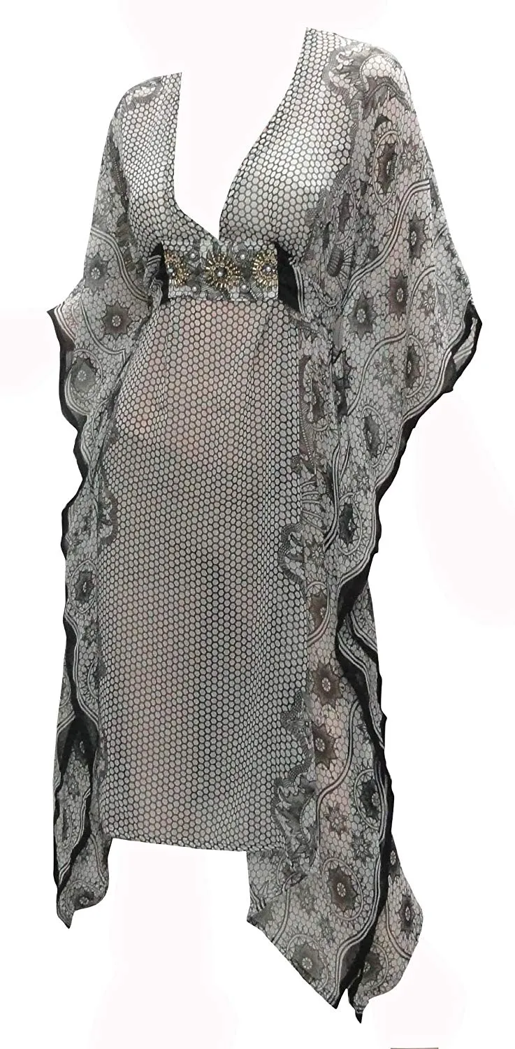 Women Beachwear Short Casual Dress Caftan MAXI Dress Printed 1317, White, [ONE SIZE] US: 12 (L)