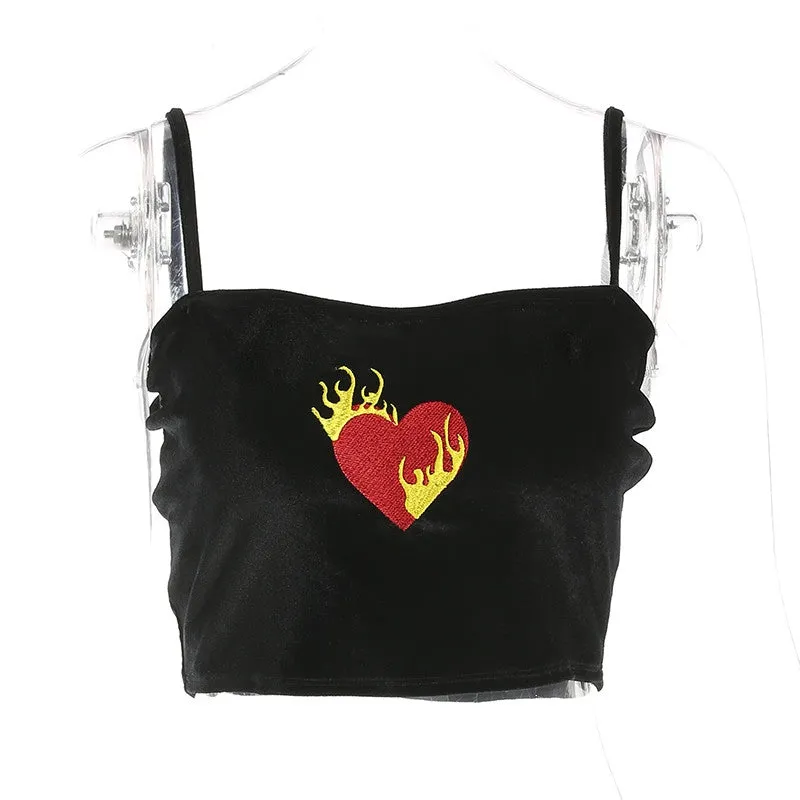 Women's Summer Velvet Tight Cropped Tank Top With Heart Embroidery