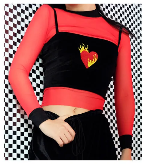 Women's Summer Velvet Tight Cropped Tank Top With Heart Embroidery