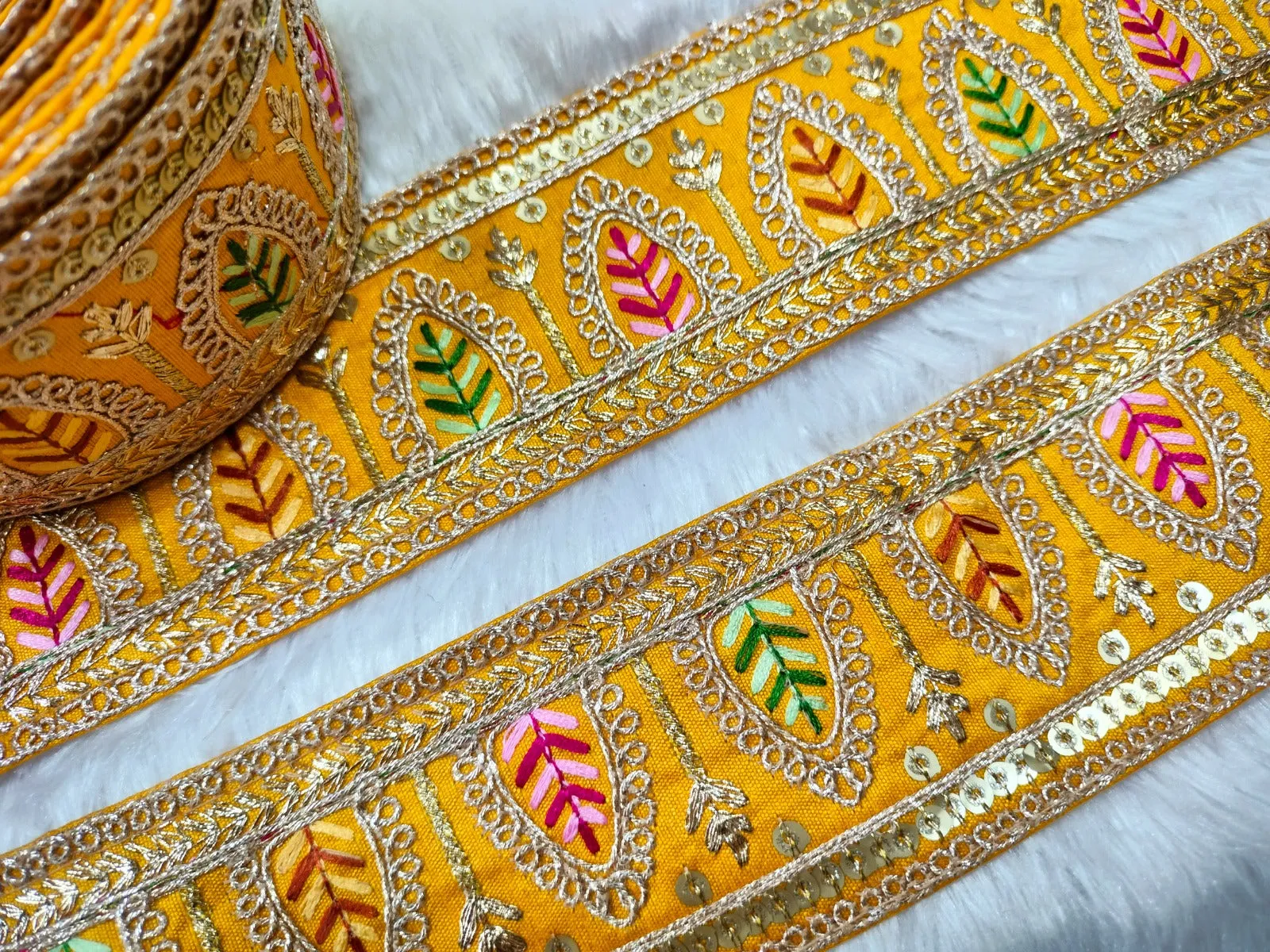 Yellow Fancy Zari Sequins Work Embellished Trim